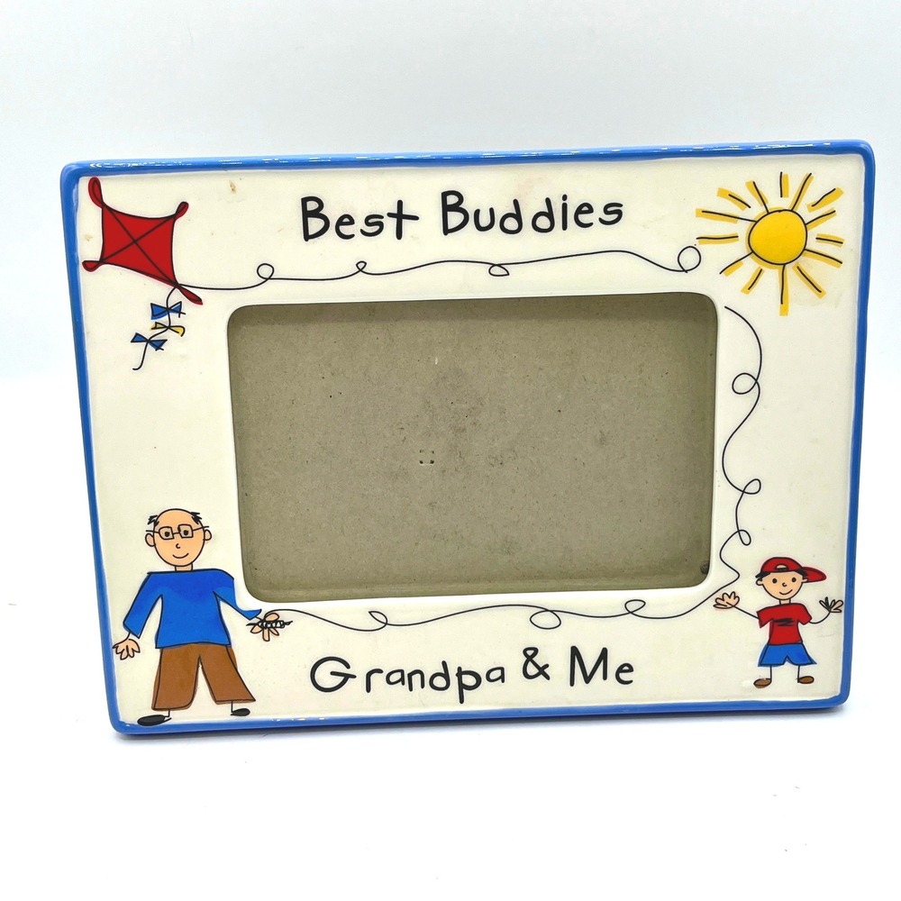 Vintage Ganz Best Buddies Grandpa & Me Ceramic 4x6 Picture Frame Blue White